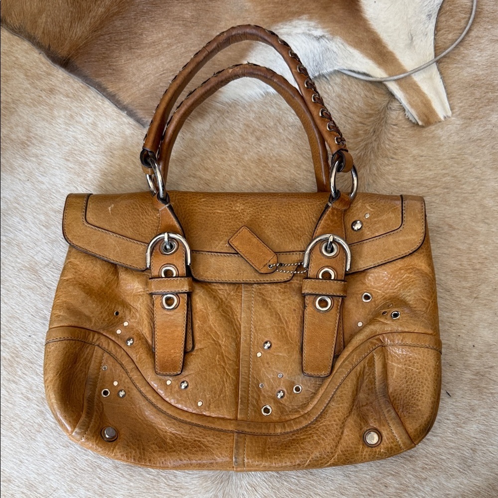 vintage Y2K Coach Hampton satchel in a tan color leather silver studs braided